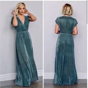 Baltic Born Athena Plisse Pleat Maxi Dress Size XL Green V Neck Flutter Sleeve